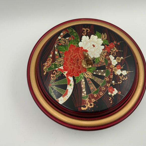 Vtg Republic of China Lazy Susan Lacquer Lidded Footed Serving Tray Fish Handle - Picture 9 of 12